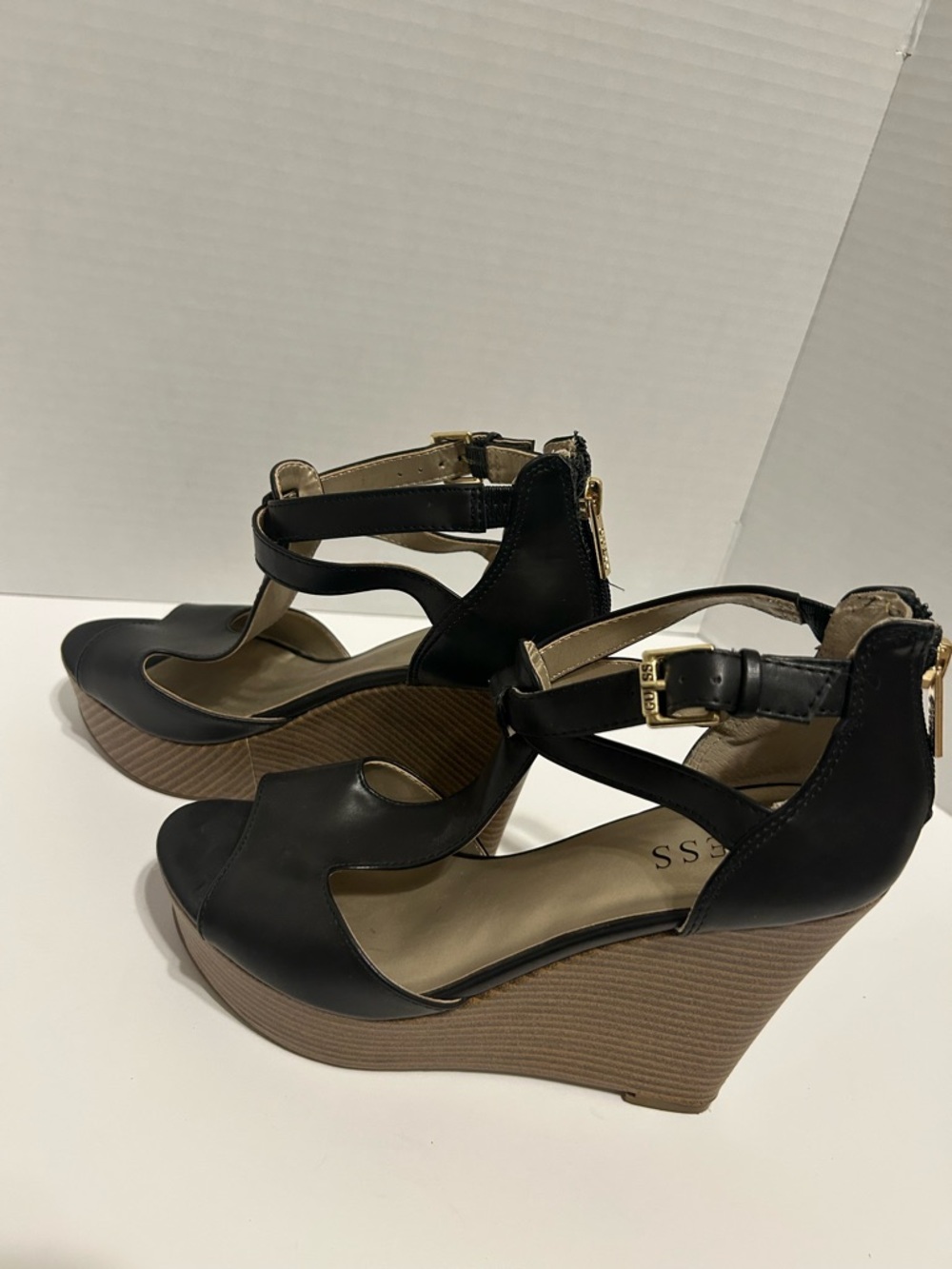 GUESS Black and Brown Platform Wedge Sandals with Ankle Buckle